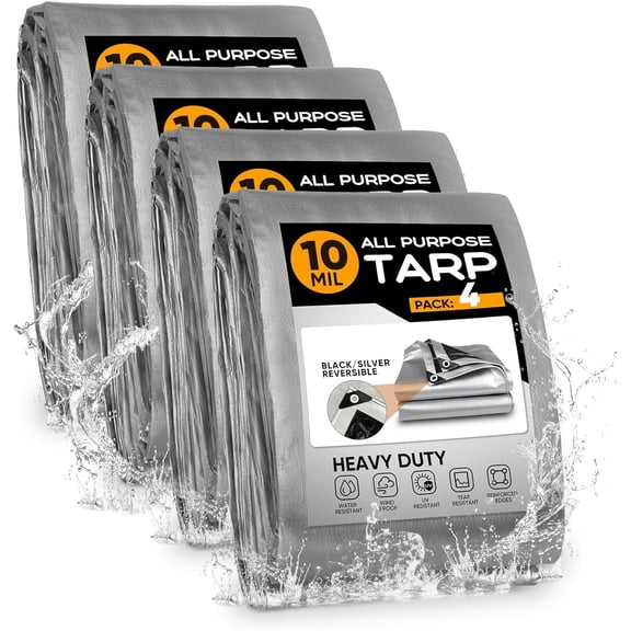 Heavy Duty Tarp 4 Pack,10Mil Thick Black/Silver Waterproof Tarp with Grommets and Reinforced Edges, All Purpose Finished Size Poly Tarps Cover for Firewood Roof Pool Boat
