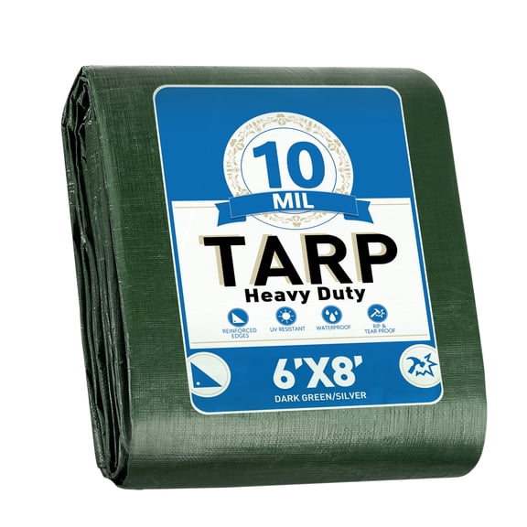 Heavy Duty Tarp 6 x 8 ft, Waterproof Tarps with Grommets Every 19.7", 10 Mil Thick Protective Tarps Cover, Large Multi-Purpose Tarps for Home,Boats,Cars,Camping,Protective Cover, (Green&Silver)