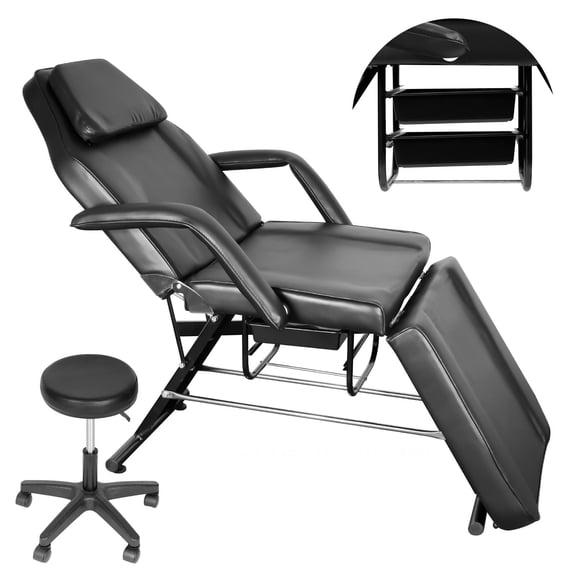 Heavy Duty Tattoo Chair,Adjustable Massage Table With Rolling Stool,3-Section Foldable Design For Easy Storage,Tattoo Chair Bed For Spa Or Esthetician,Black Metal And Sponge, 1 Chair + 1 Stool