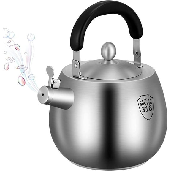 Heavy Duty Tea Kettle Whistling Teakettle Stovetop Teapot, 316 Stainless Steel, Seamless Bottom, Folding Handle, Brushed Finish (4L)