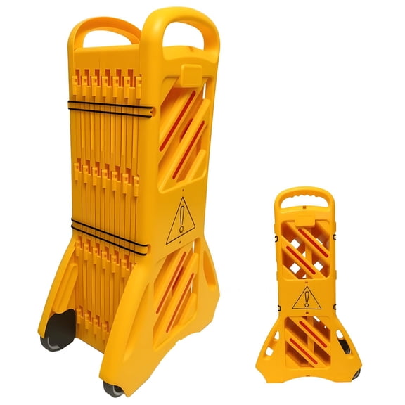Heavy Duty Telescopic Traffic Barricade, High Visibility Foldable Polyethylene Isolation Barrier with Universal Wheels and Elastic Straps, for Road, Construction and Crowd Management