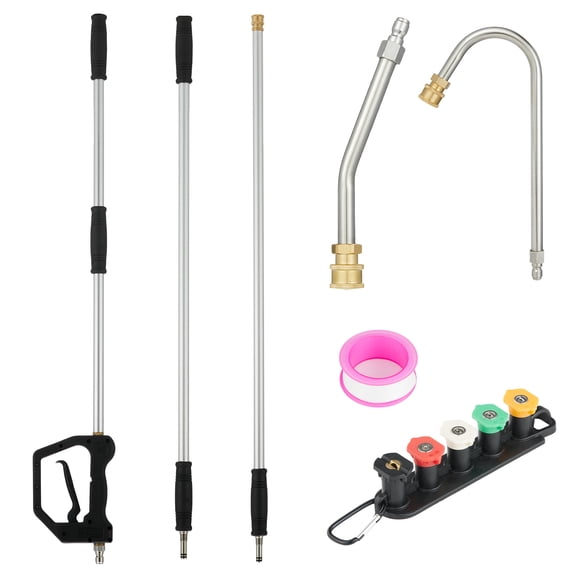 Heavy Duty Telescoping Pressure Washer Extension Wand Set – 12ft Aluminum 3-Section Lance, 30° & U-Shaped Curved Wands, 5 Nozzles, Quick Connect, For Gutters, Roofs, Patios, Vehicles - 12ft