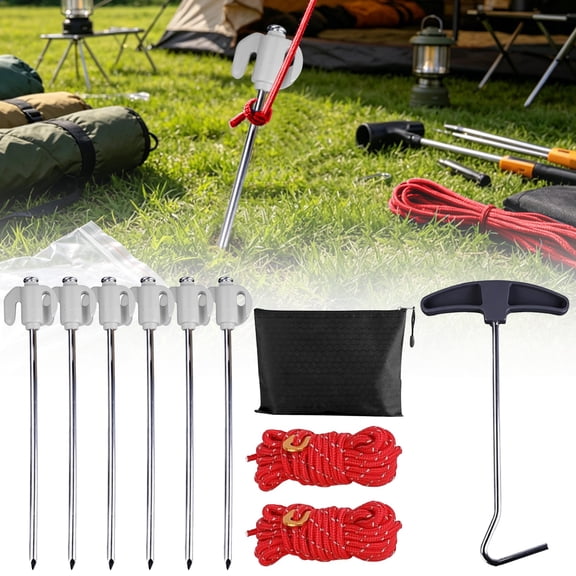 Heavy-Duty Tent Stakes Set with Rope Tensioners,6pcs Metal Ground Nails with Puller & Reflective Ropes,All-in-One Camping Tent Peg Kit for Outdoor Use