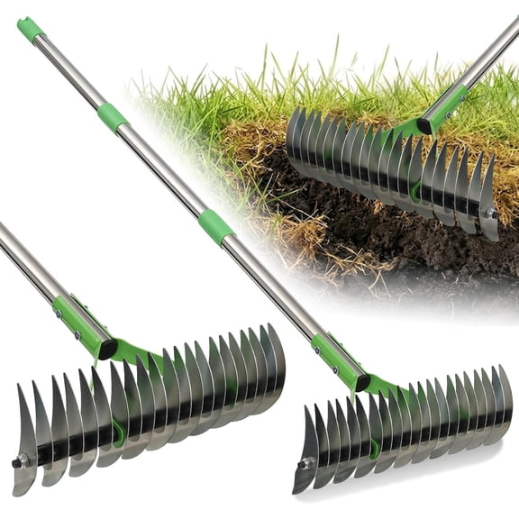 Heavy Duty Thatch Rake for Lawns - 13” Deep-Clean Dethatching Rake for Dead Grass & Moss Removal, Dual-Sided Manual Dethatcher and Scarifier Tool, 65" Long Metal Handle for Garden Yard Lawn Care