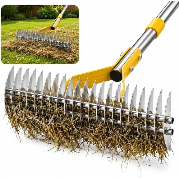 Heavy Duty Thatch Rake for Lawns, 15" -Sided Dethatching Rake with  Steel Tines, Manual Dethatcher and Scarifier Tool for  Grass, Moss & Thatch Removal, 70" Adjustable Long Handle