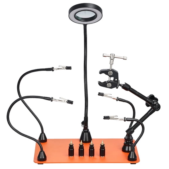 Heavy-Duty Third Hand Soldering Station with 4 PCB Holders,LED Magnifying Lamp&360 Hot Air Gun Stand for Electronics Repair and DIY Craft Projects