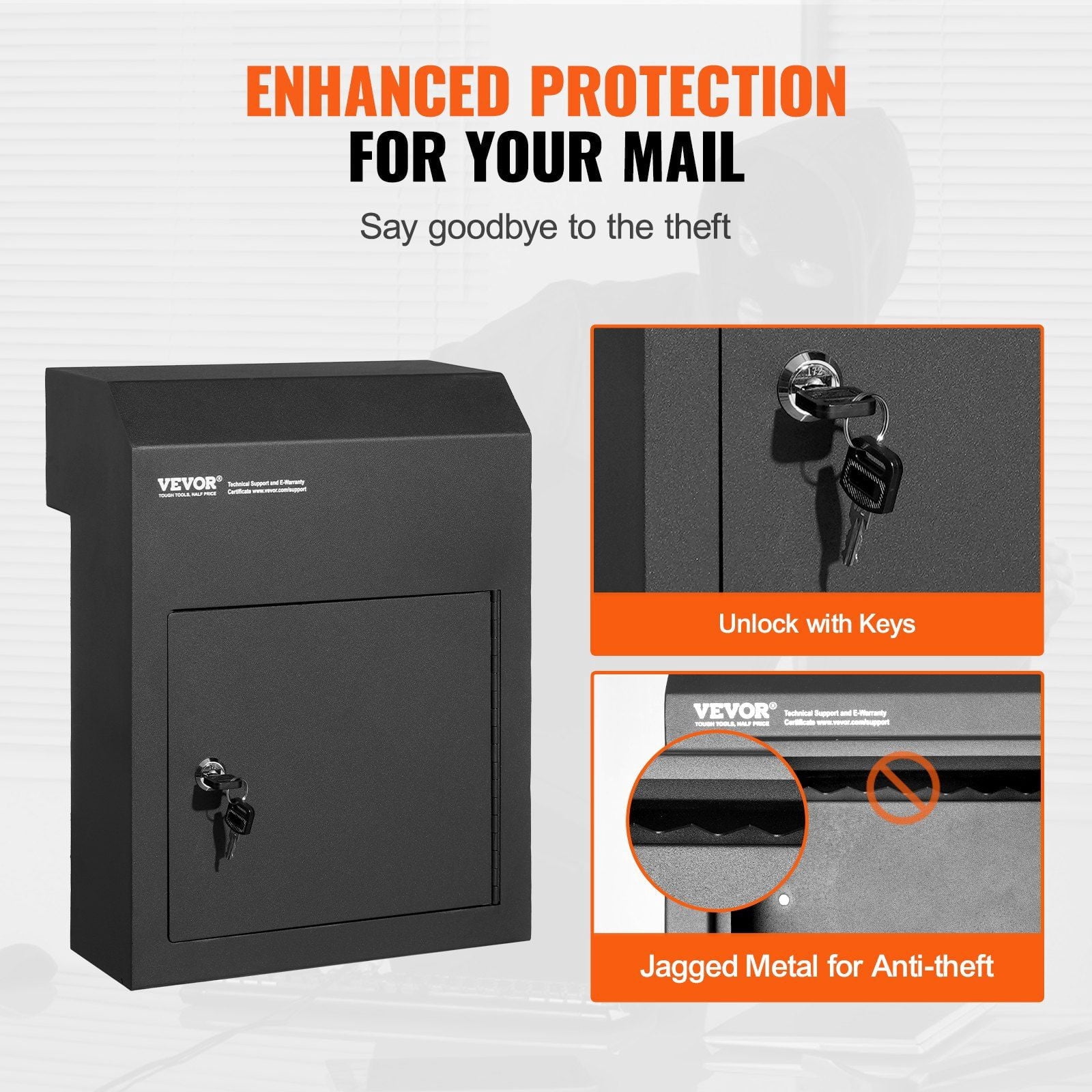 Heavy Duty Through The Door Key Drop Box, 12" Lockable Mail Slot, 12x6x16" Steel Mailbox, Black - Secure Package Delivery