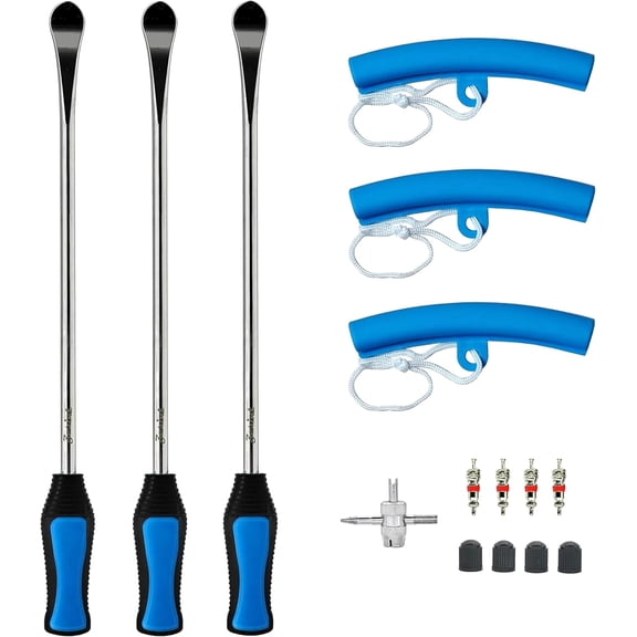Heavy Duty Tire Repair Tool Kit, 3x14.5 Steel Tire Irons & 3 Rim Protectors, 4-Point Valve Tool with 4 Cores/Caps, Motorcycle/Bike/ATV Tire Changer Levers