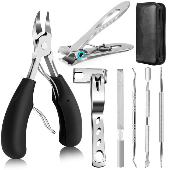 Heavy Duty Toenail Clippers for Seniors & Adults with Thick Nails , 7-Piece Professional Pedicure Set with Long Handle, Nail File, and Case - Extra Large Toe Nail Clippers for Ingrown, Hard