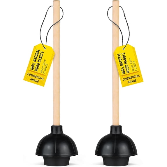 Heavy Duty Toilet Plunger Commercial Grade Double Thrust Force Rubber Cup with Wood Handle 2 Pack (22")