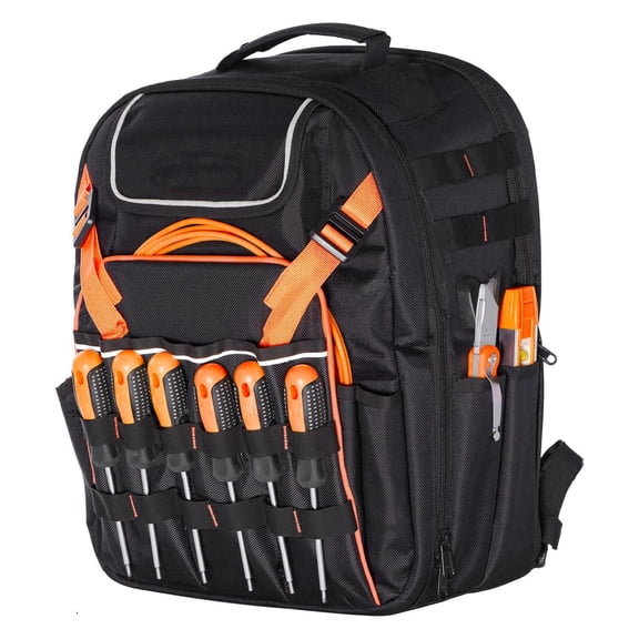Heavy Duty Tool Backpack 45 Pockets Laptop Compartment Reinforced Fabric Base for Electricians Repairmen Construction Workers