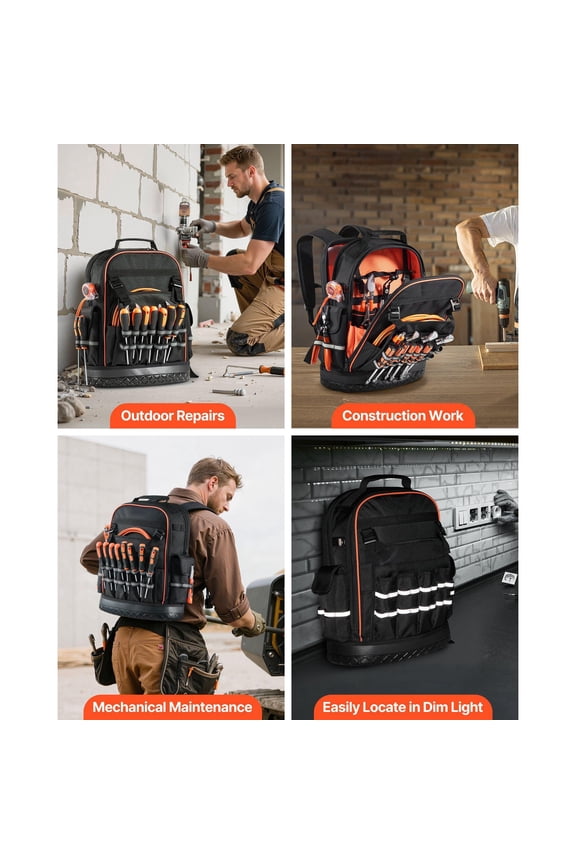 Heavy Duty Tool Backpack 64 Pockets Laptop Compartment Molded Base for Electricians Repairmen HVAC Technicians