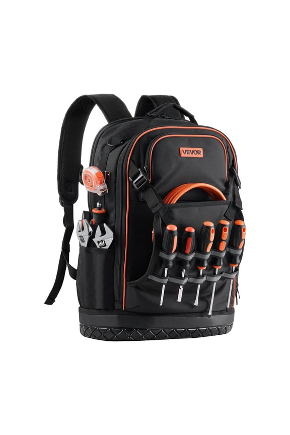 Heavy Duty Tool Backpack 65 Pockets Laptop Compartment Molded Base for Electricians Repairmen HVAC Technicians