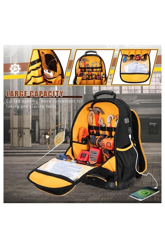 Heavy Duty Tool Backpack with Hard Bottom Waterproof Base and Tool Pouch Multiple Pocket Tech Organizer with Laptop Sleeve for Electricians and Contractors Black