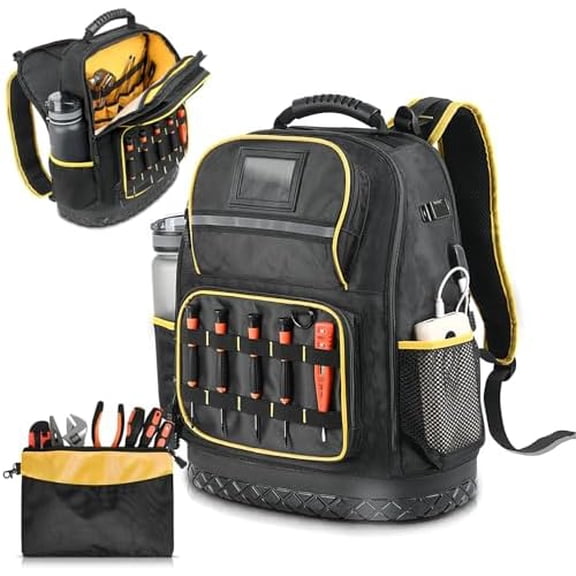 Heavy Duty Tool Backpack with Laptop Compartment, Hard Bottom & Tool Pouch Durable Electrician Tool Bag Organizer with Multiple Pockets, USB Port, Water Bottle Holders, HVAC Work Backpack for Men