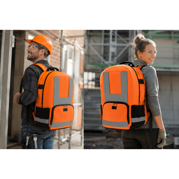 Heavy Duty Tool Backpack  Water & Tear Resistant Work Bag, Reinforced Leather Base, Multiple Pockets, Phosphorescent Orange | Tool Bag for Electricians, Mechanics, Carpenters, Plumbers & Builders