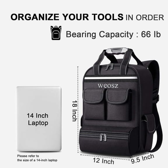 Heavy Duty Tool Backpack for Men 18 Inch Waterproof Multi Pocket Organizer with Adjustable Straps