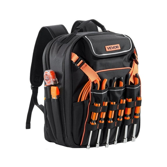 Heavy Duty Tool Backpack with 45 Pockets Laptop Compartment Reinforced Fabric Base for Electrician Repairman Jobsite