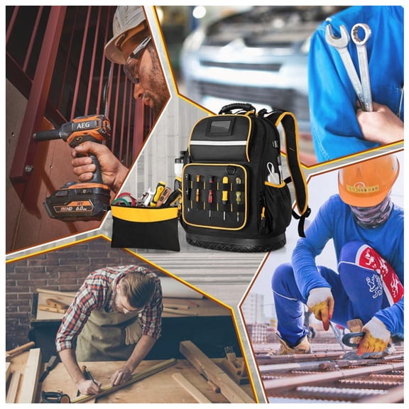 Heavy Duty Tool Backpack with Hard Bottom, Tool Bag with Multiple Pockets Laptop Sleeve and Detachable Pouch
