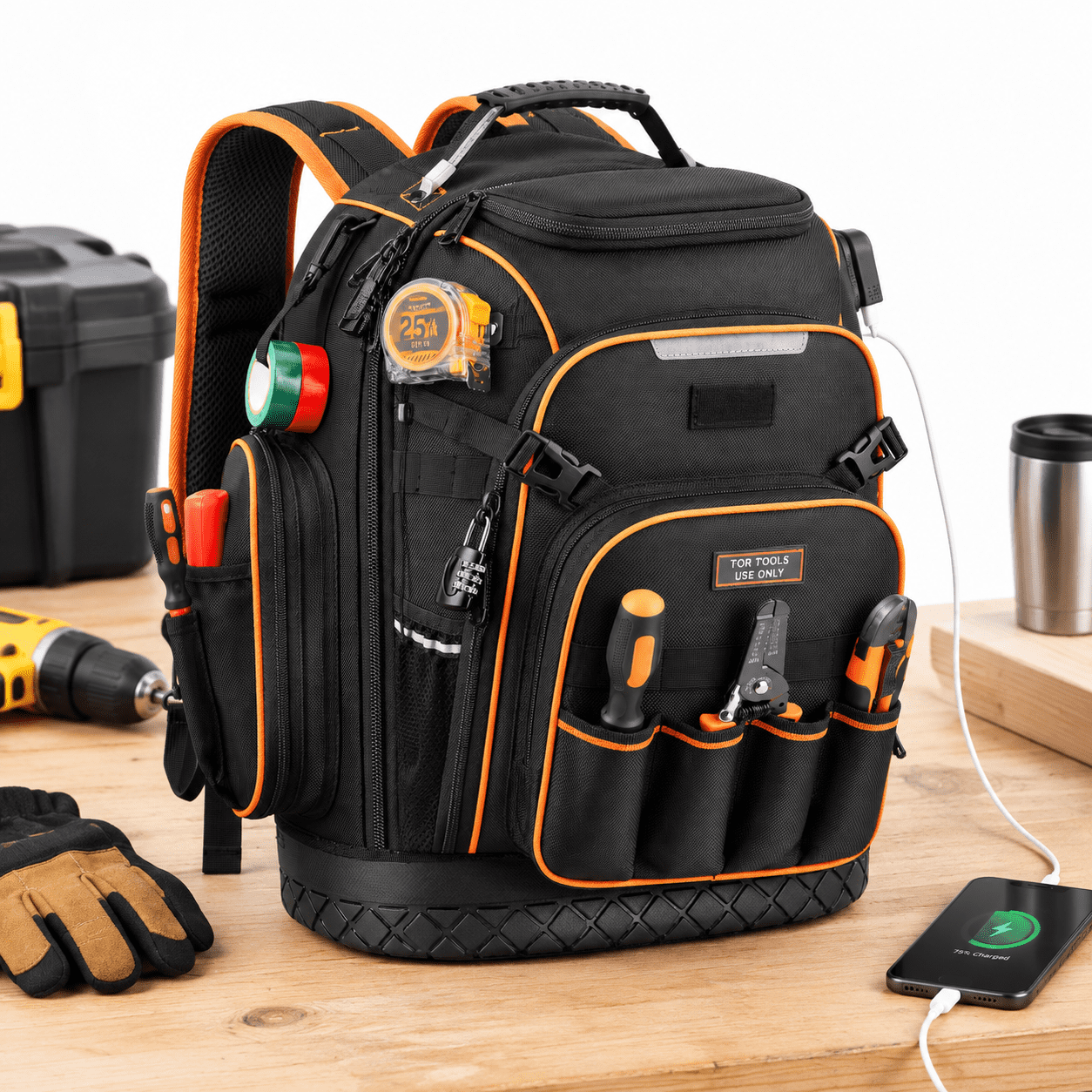 Heavy Duty Tool Backpack with Waterproof Molded Base, USB-C Charging ...