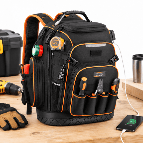 Heavy Duty Tool Backpack with Waterproof Molded Base, USB-C Charging ...