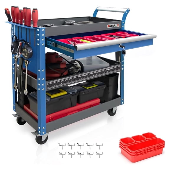 Heavy Duty Tool Cart on Wheels 440LBS - Mechanic Tool Cart with Drawers & Locking System - Industrial Utility Cart for Garage, Workshop & Warehouse Blue Upgrade 01
