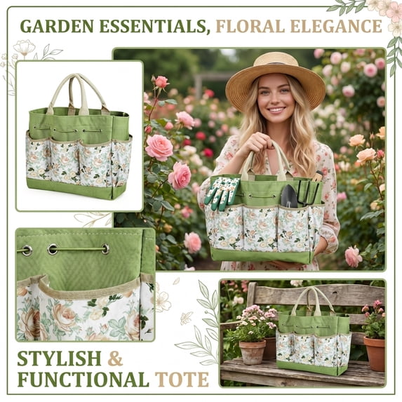 Heavy Duty Tote Bag, Utility Tote Bag, Garden Tool Storage, Heavy Duty Tool Bags with Handles, 15X10 Inch Floral Patterned Multi-Pocket Collapsible Tote, Spacious Main Compartment