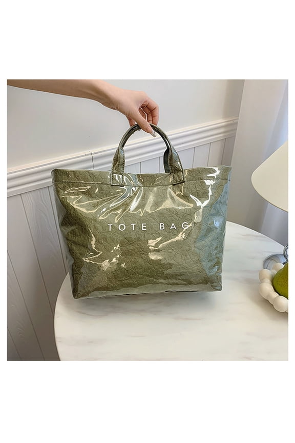 Heavy Duty Tote Bag for Women, Glossy Zipper Print Tote Bag For Commute Travel,Waterproof Kraft Paper Travel Shoulder Bag,Shopping Handbag Plastic Shoulder Bag