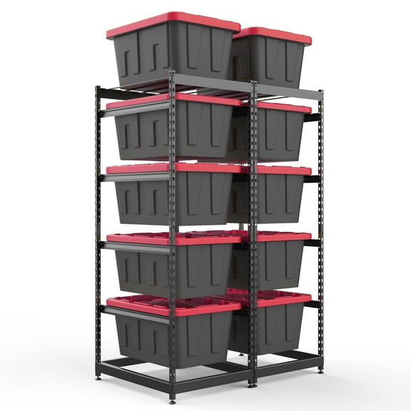 Heavy Duty Tote Storage Rack, 5 Tier Standing Storage Bin Organizer Shelves, Garage Warehouse Utility Room Space Saving Adjustable Width Shelving Units, Modern Black, 2 Pack