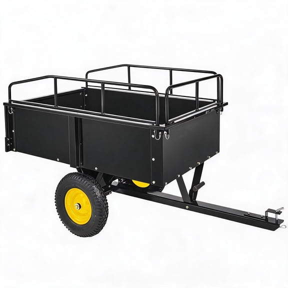 Heavy Duty Tow Behind ATV Trailer Steel Dump Cart 750 LB, 15-Cubic Feet Capacity Garden Utility Trailer with Removable Tailgate for Riding Lawn Mower Tractor