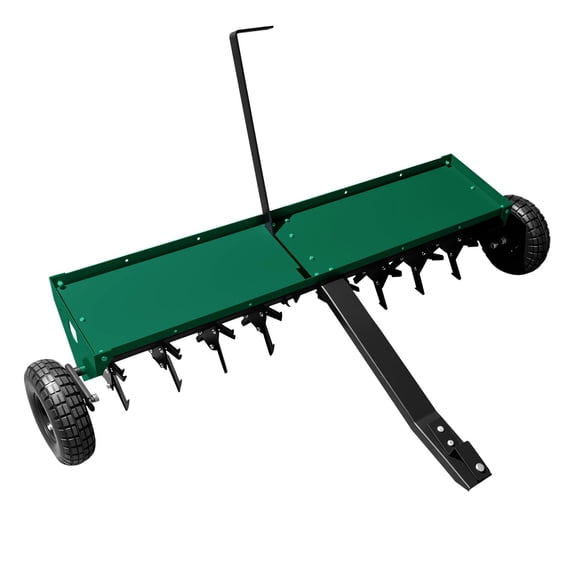 Heavy Duty Tow Behind Plug Aerator for Lawn - 48-Inch Width, All-Purpose Hitch, 3" Spikes & Inflatable Wheels - Ideal for Grass, Clay Soil & Large Yards - High-Quality Lawn Care Tool Kit, Green