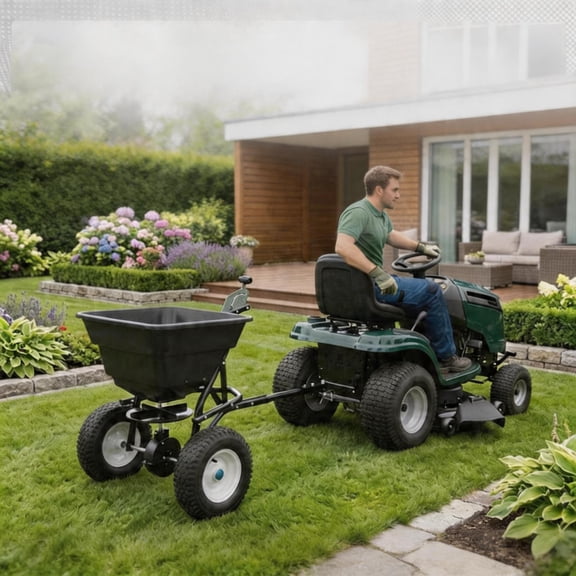 Heavy-Duty Tow Behind Spreader, 110 lb Capacity Fertilizer & Seed Spreader with 12" Pneumatic Tires, Hopper Cover, Universal Hitch for Lawn and Garden
