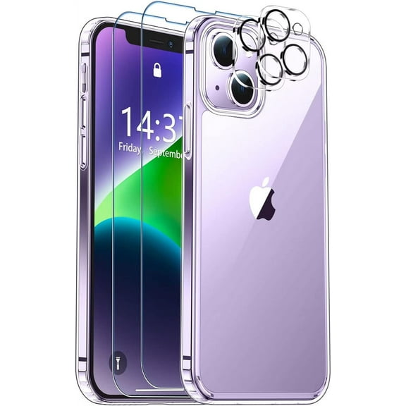 Heavy Duty Transparent Phone Case Designed for Apple iPhone 14 Clear Case with 2 Screen Protector and 2 Camera Lens, Shockproof Dropproof Slim Clear Case for Apple iPhone 14