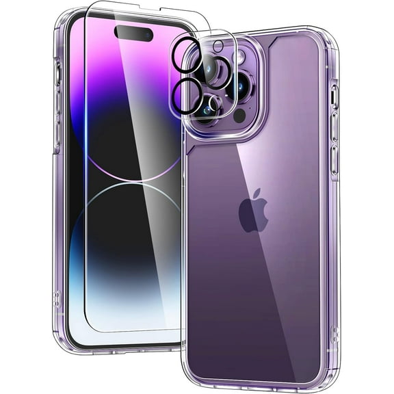 Heavy Duty Transparent Phone Case Designed for Apple iPhone 14 Pro Case with 1 Screen Protector and 1 Camera Lens, Shockproof Dropproof Slim Clear Case for Apple iPhone 14 Pro