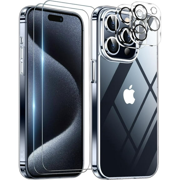 Heavy Duty Transparent Phone Case Designed for Apple iPhone 15 Pro Clear Case with 2 Screen Protector and 2 Camera Lens, Shockproof Dropproof Slim Clear Case for Apple iPhone 15 Pro