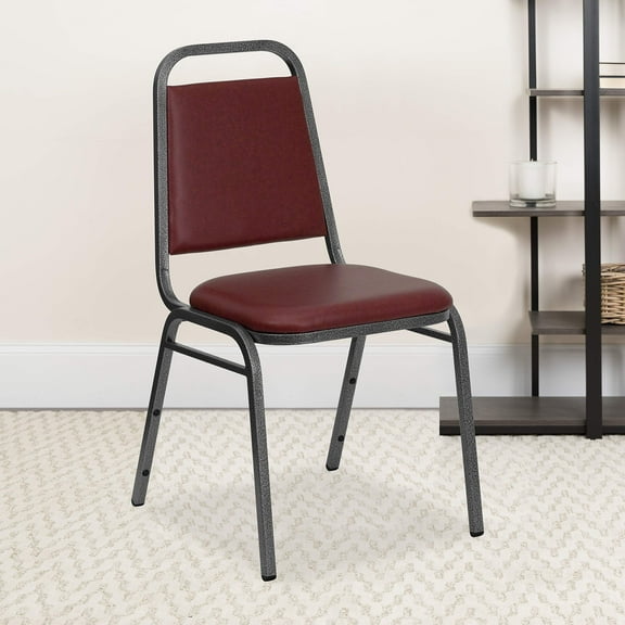 Heavy Duty Trapezoidal Stacking Chair Burgundy Vinyl Upholstery, 10 High Stack Capacity for Conference Hall Wedding Venue, Red