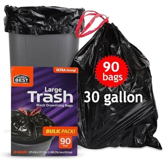 Heavy-Duty Trash Bags  30 Gallon | 90 Bags - Black Ultra Thick Drawstring Garbage Bags  Leak-Resistant for Home & Commercial Use - Big Trash Bags