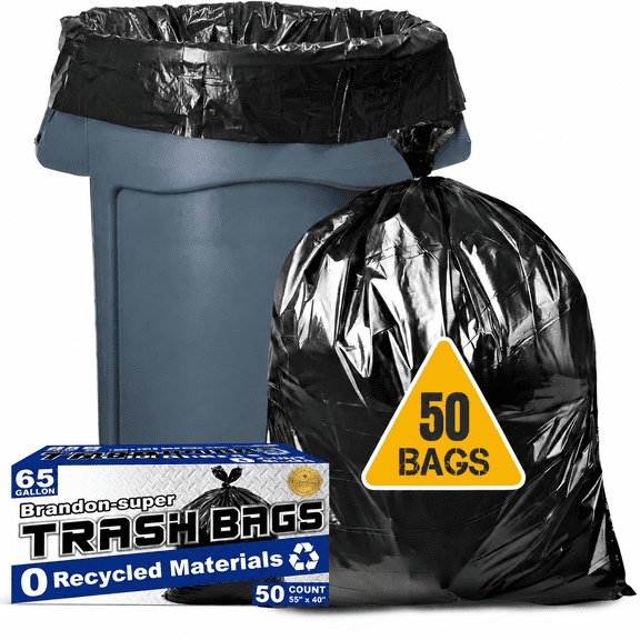 BRANDON SUPER Heavy Duty Trash Bags 65 Gallon 50 Count Black