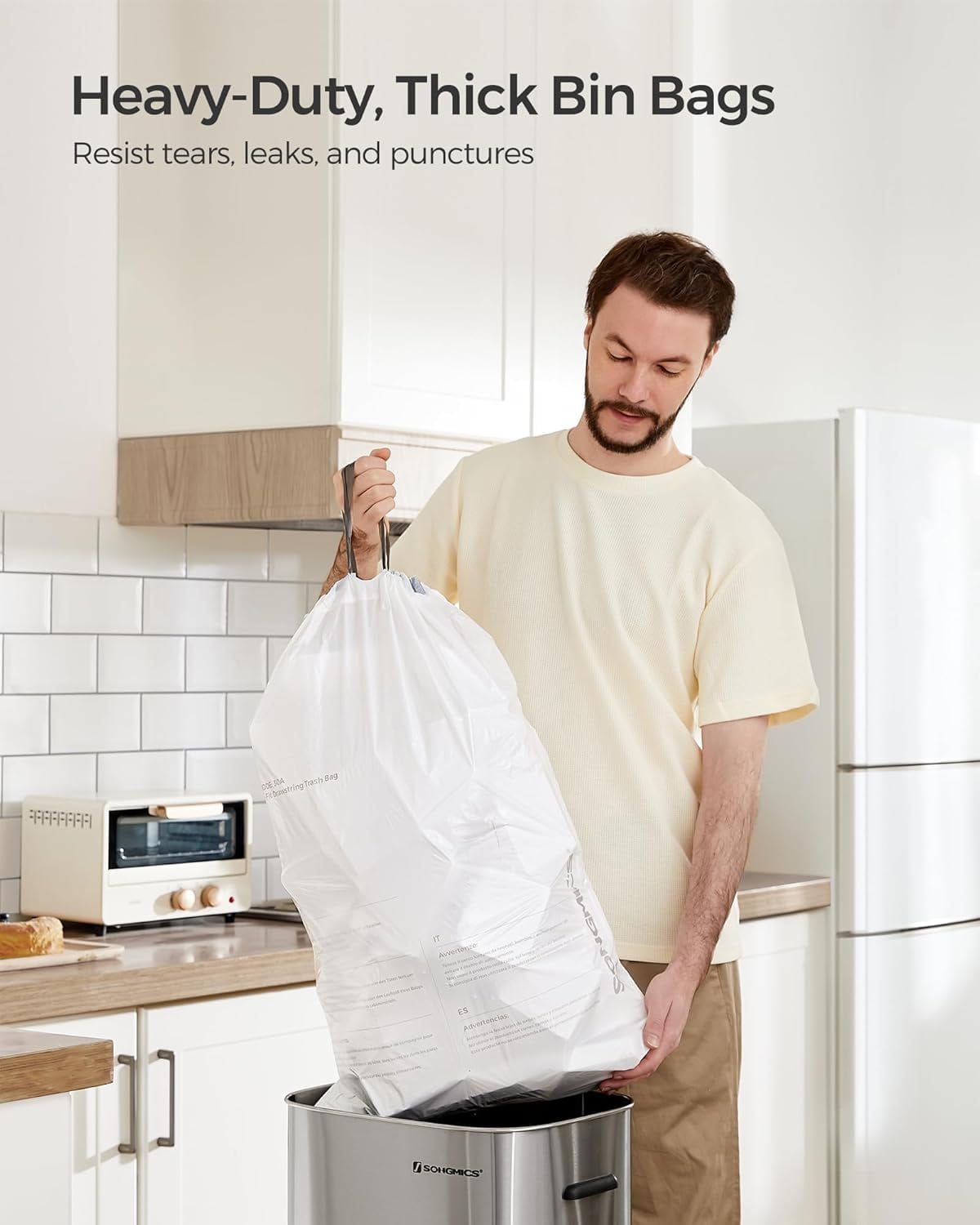 Heavy Duty Trash Bags for 8-Gallon Cans, White Drawstring Garbage Bags with Pre-Separated Design, 4 Rolls of 45 Count Each, Leak-Resistant Kitchen Liners