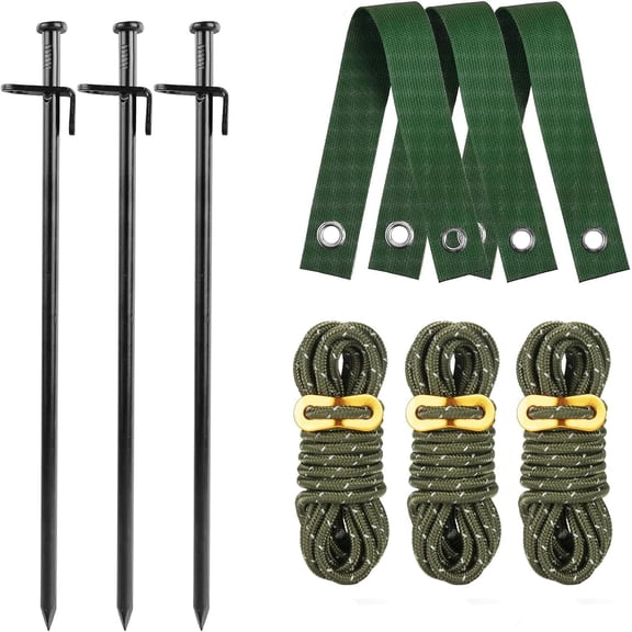 Heavy Duty Tree Stake Kit: 3 Steel Stakes (11.8"), 3 Straps (15.8"), 13.12ft Rope Support Young Trees, Protect from Weather, Easy Setup