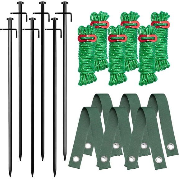 Heavy Duty Tree Stake Kit, 6 Pcs 16 Inch Steel Tree Stakes and Supports for Leaning Young Trees Straightening Kit Against Bad Weather, with 6Pcs Straps & 6Pcs 13ft Anchor Ropes