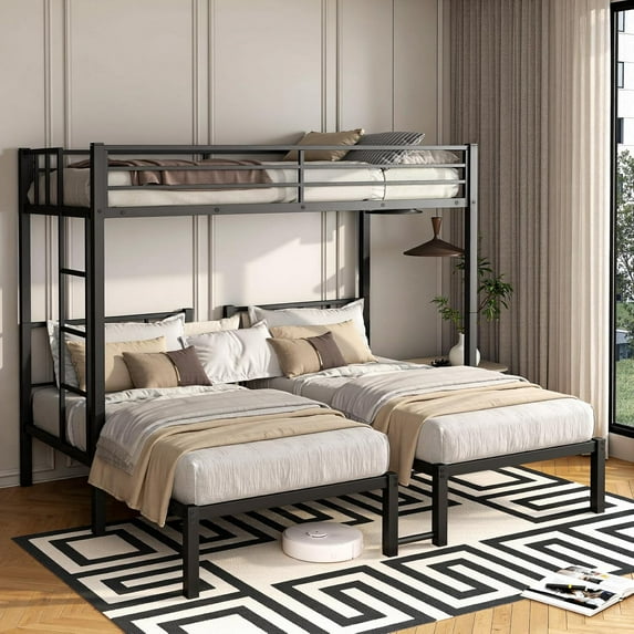 Heavy Duty Triple Bunk Bed for 3, Twin Over Twin Over Twins with Guardrails and Ladder, Metal Bunk Bed, 3 Bed Teens and Adults, No Box Spring Needed (Black)