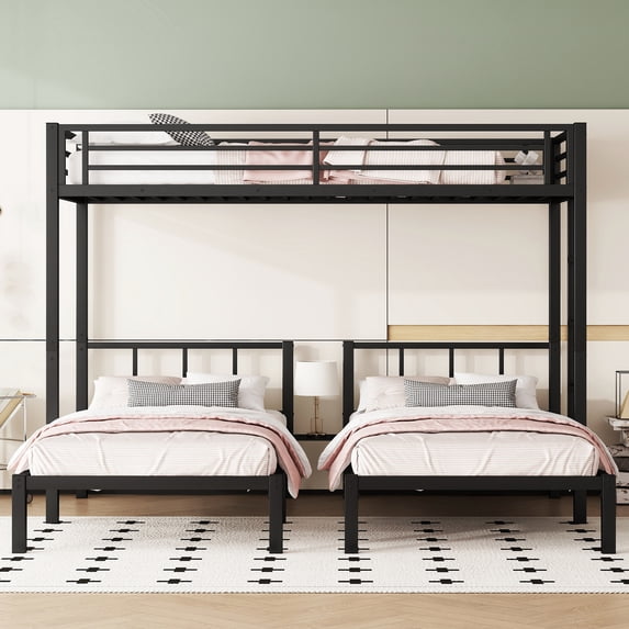 Heavy Duty Triple Bunk Bed, Twin Over Twin Bunk Beds for 3, with Guardrails and Ladder & Slat Support, Metal Bunk Bed Convertible into 3 Separate Bed, No Box Spring Need,Black