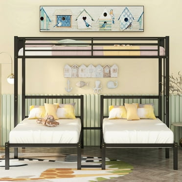 Heavy Duty Triple Bunk Bed, Twin Over Twin Bunk Beds for 3, with Guardrails and Ladder & Slat Support, Metal Bunk Bed Convertible into 3 Separate Bed, No Box Spring Need,Black
