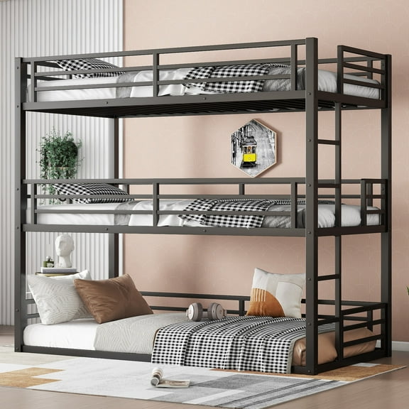 Heavy Duty Triple Bunk Bed, Twin XL Size Metal Bunkbeds with Ladder and Guardrails, Family-Friendly 3-in-1 Bunk Beds, No Box Spring Needed, Easy Assembly, Black