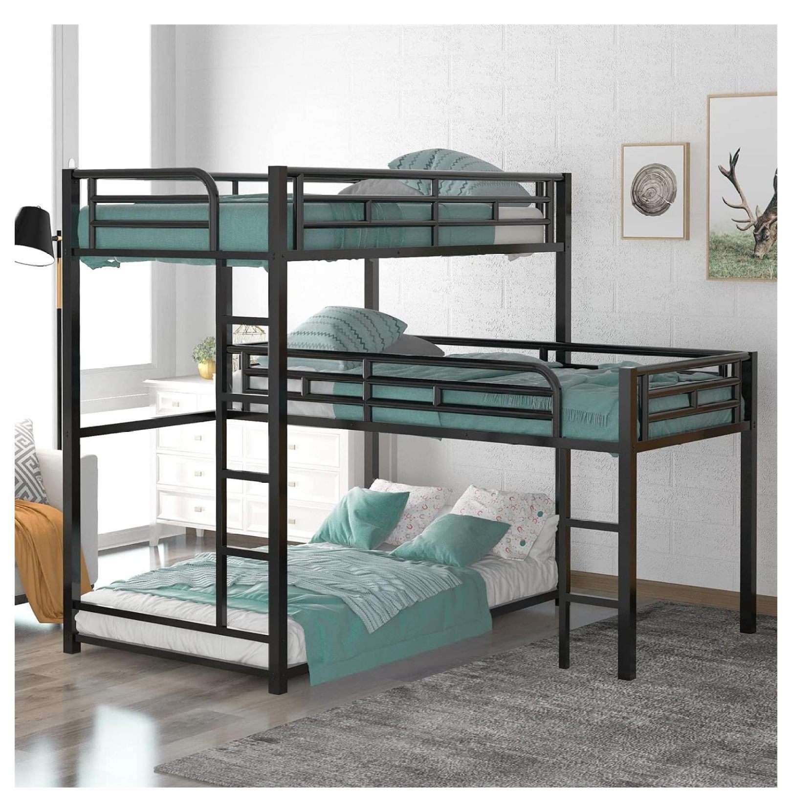 HeavyDuty Triple Bunk Beds, LShaped Metal Bunk Bed for 3 Kids Adults