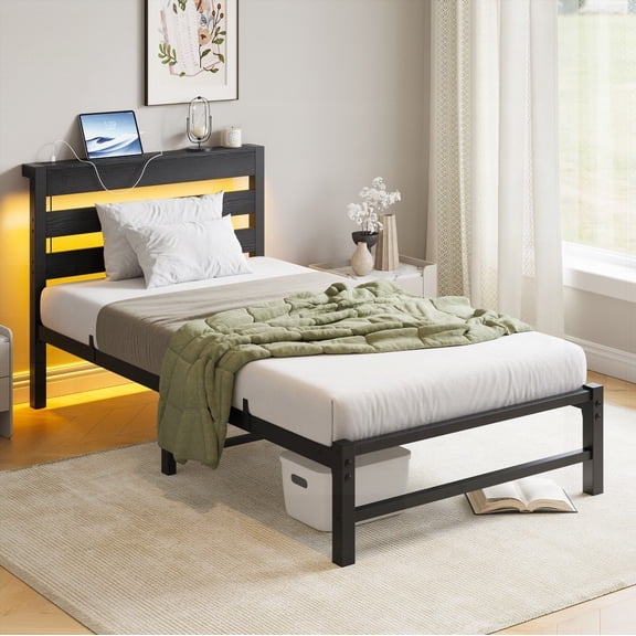 Heavy Duty Twin Bed Frame with USB & LED|No Box Spring Needed