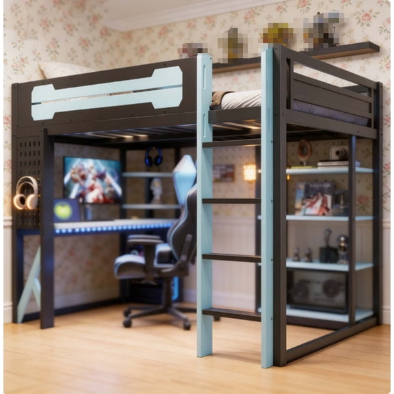 Heavy-Duty Twin High Loft Bed with Workstation & Storage Shelves, Metal Loft Bed Frame with Safety Guardrails & Ladder, Space-Saving Bed for Study Gaming