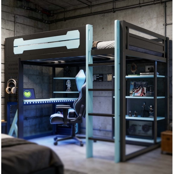 Heavy-Duty Twin High Loft Bed with Workstation & Storage Shelves, Metal Loft Bed Frame with Safety Guardrails & Ladder, Space-Saving Bed for Study Gaming