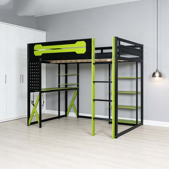 Heavy-Duty Twin High Loft Bed with Workstation & Storage Shelves, Metal Loft Bed Frame with Safety Guardrails & Ladder, Space-Saving Bed for Study Gaming